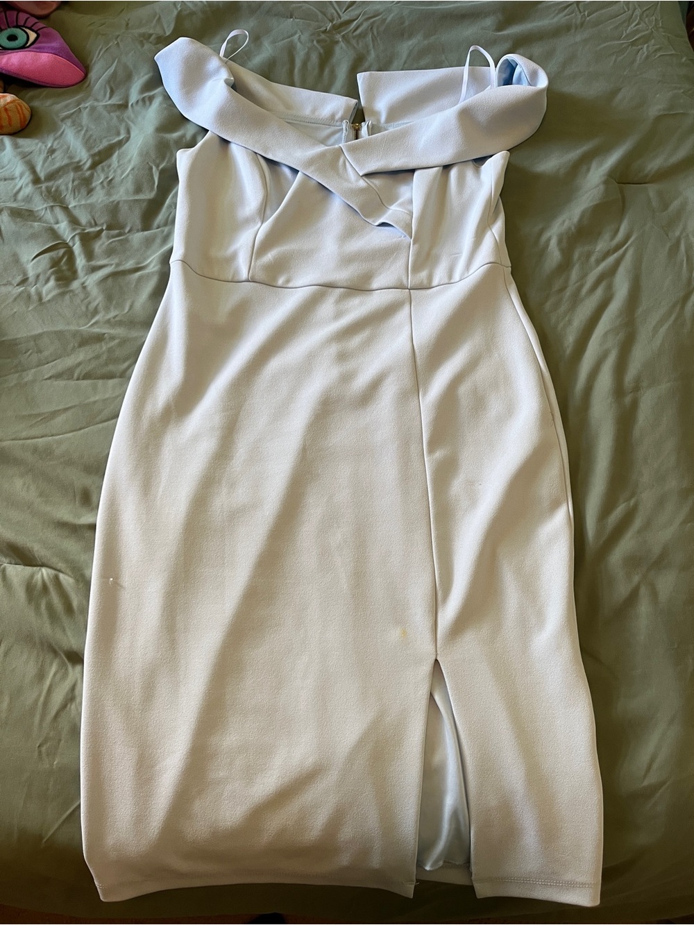 Off-Shoulder Baby Blue Midi Dress with Front Slit